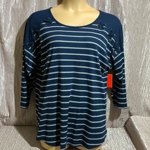 Molly & Isadora Top Blouse Stretchy NWT Navy Blue Gray Stripes 2X